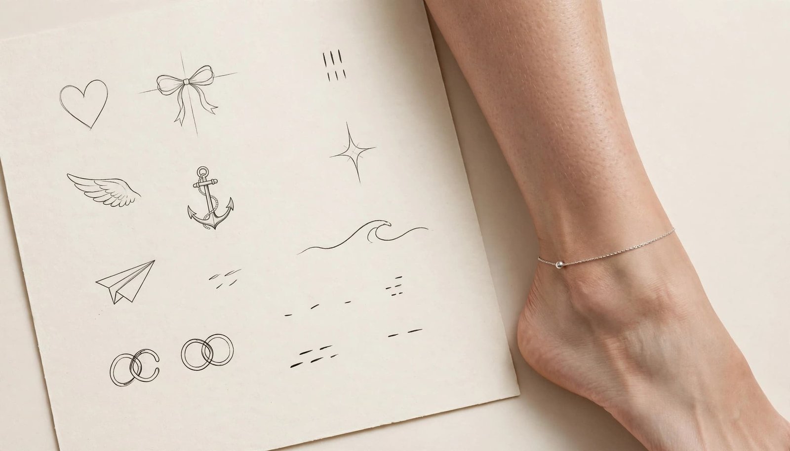 Woman's ankle beside a silver anklet and delicate symbolic tattoo designs on a cream board.