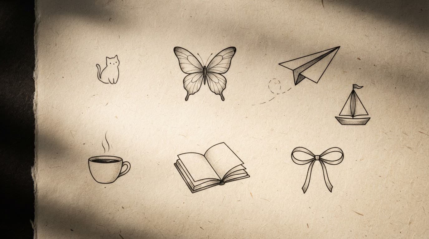Minimal tattoo sketches of a cat, butterfly, airplane, sailboat, coffee cup, book, and bow on a warm surface.