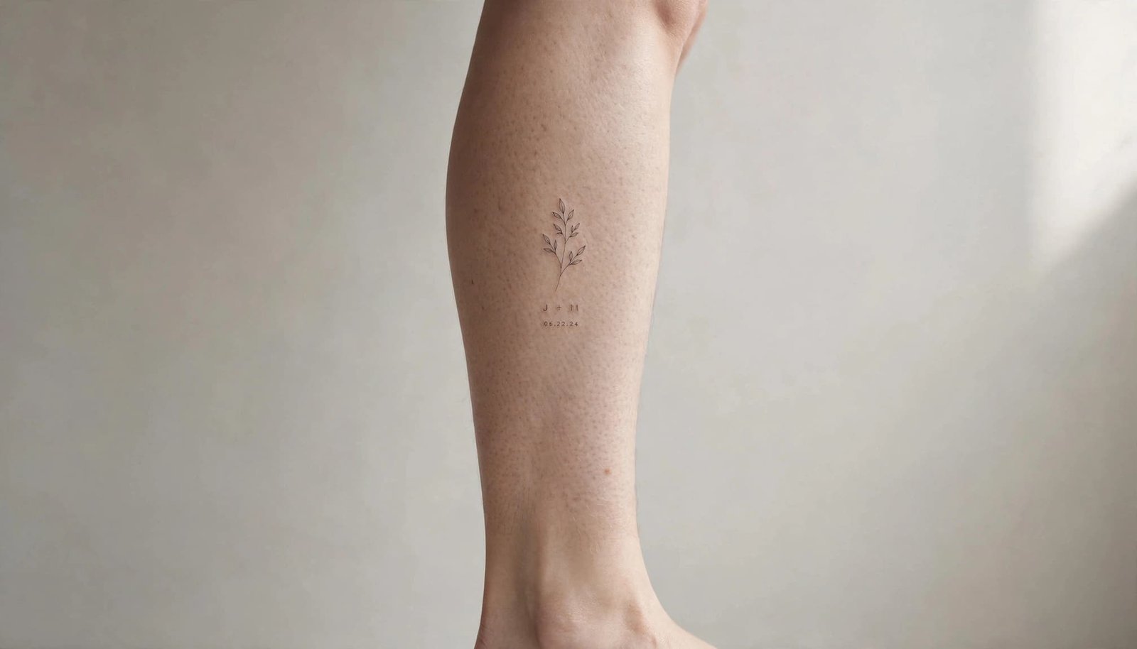 A small botanical sprig tattoo with initials and a date on one outer calf.