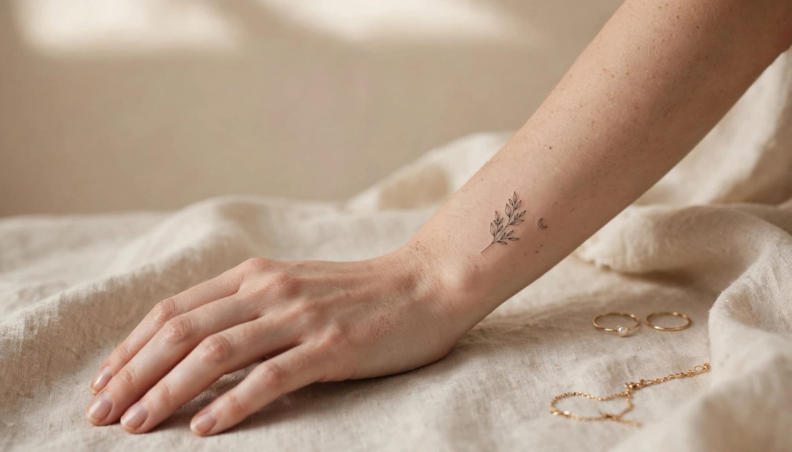 A woman's forearm with a delicate botanical tattoo and jewelry on a warm neutral background.