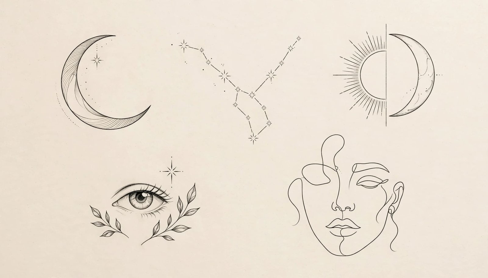 Five minimalist black ink tattoo sketches arranged on a cream sheet.