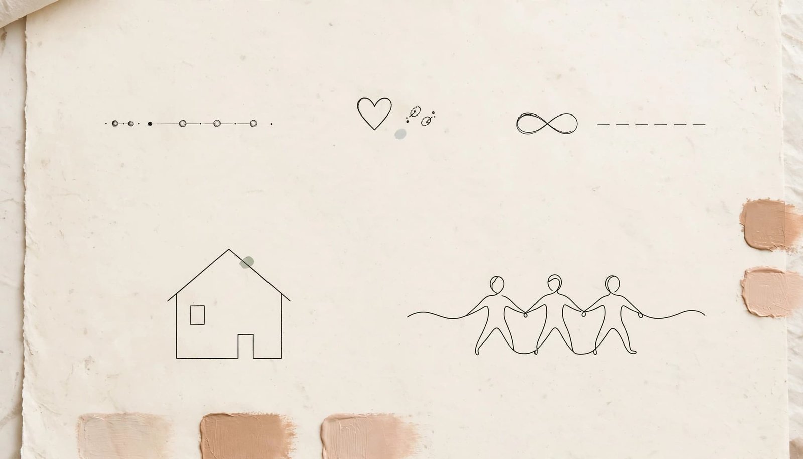 Five minimalist family tattoo designs arranged on cream paper with subtle color accents.