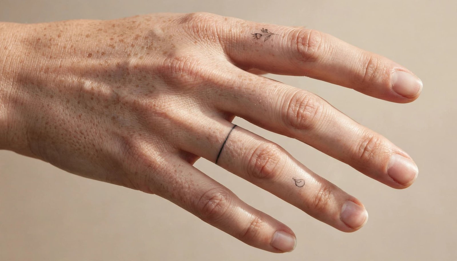 Relaxed woman's hand showing small tattoos on the finger top, side, and ring finger.