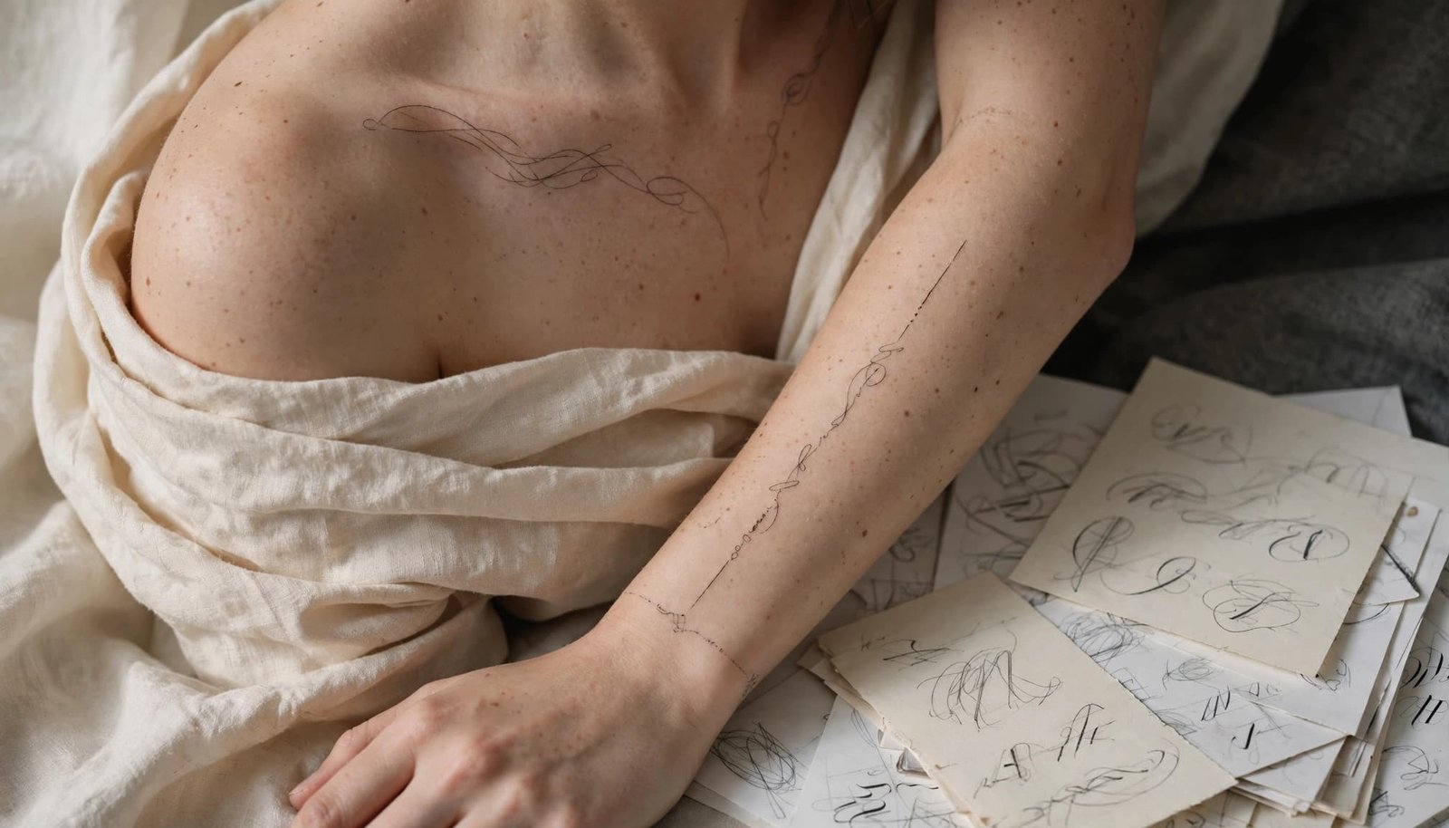 Woman showing delicate lettering tattoo placements on her wrist, forearm, and collarbone.