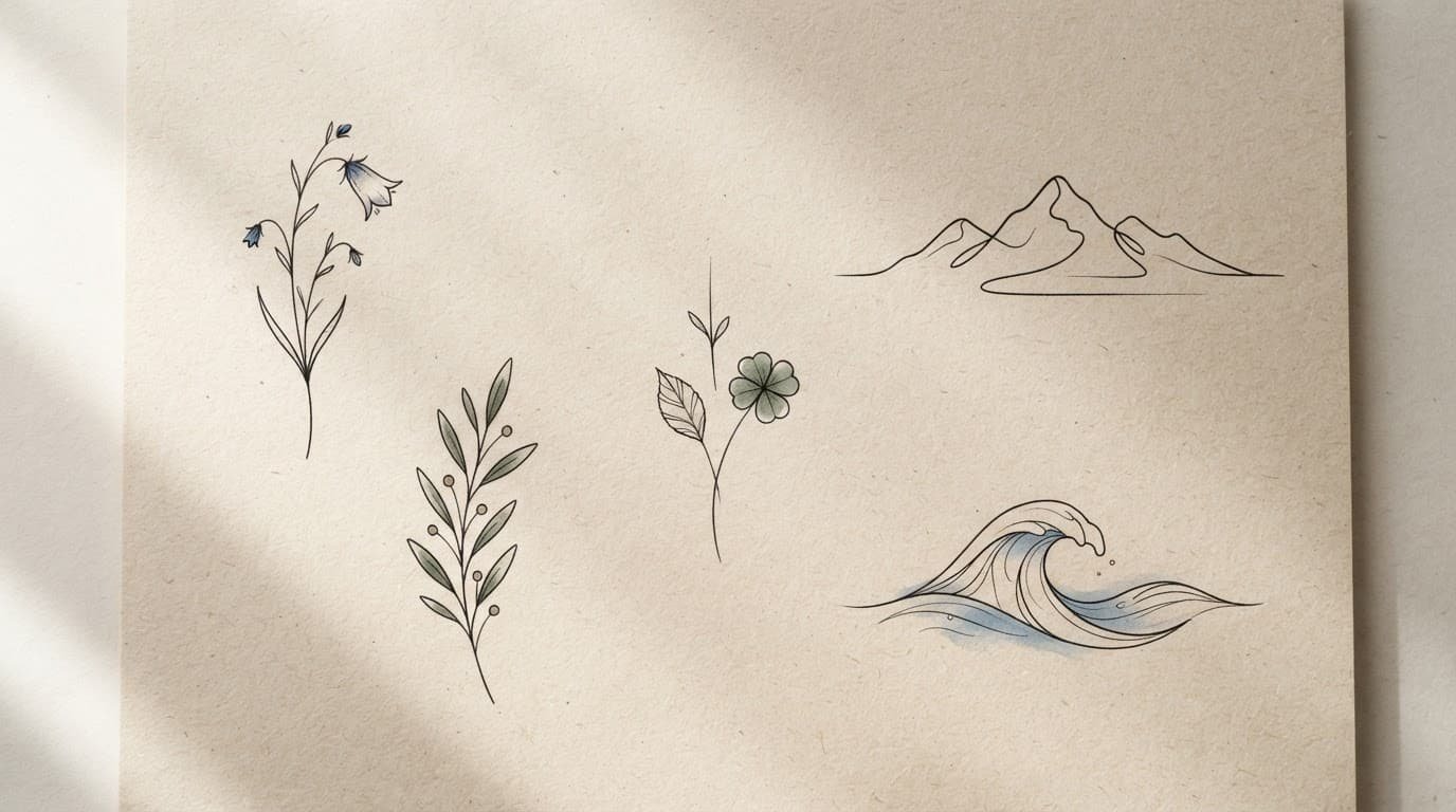 Five fine-line nature tattoos with subtle green and blue accents on a warm neutral surface.