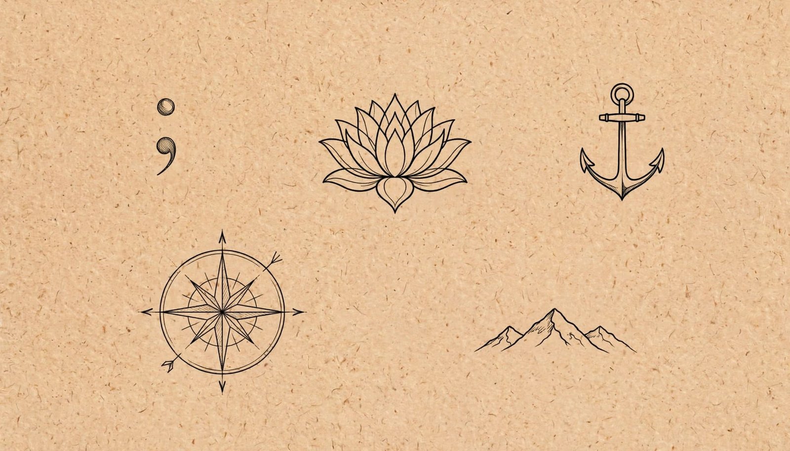 Five minimalist tattoo sketches show a semicolon, lotus, anchor, compass, and mountains.