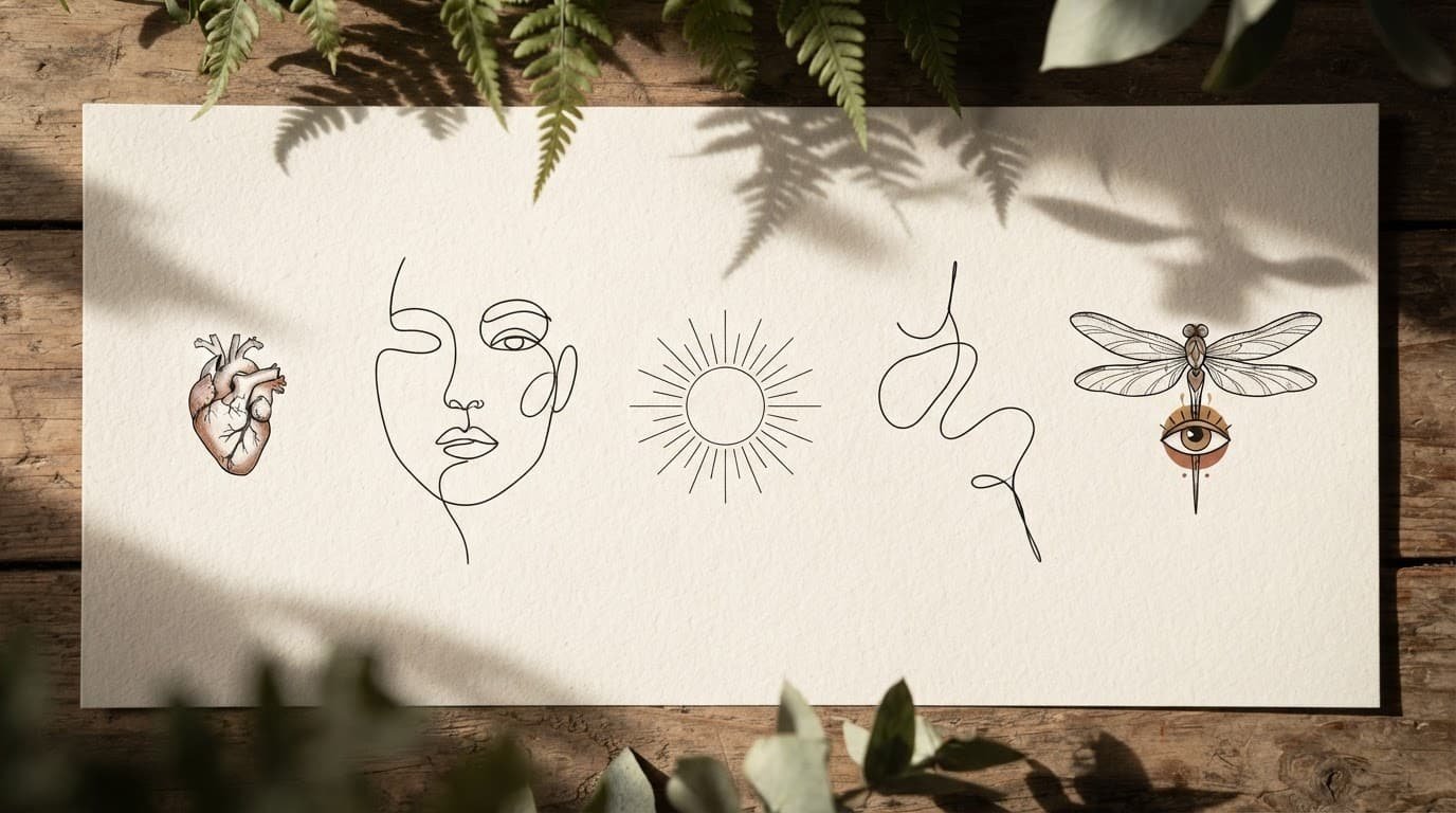 Five minimalist tattoo designs arranged on warm textured paper.
