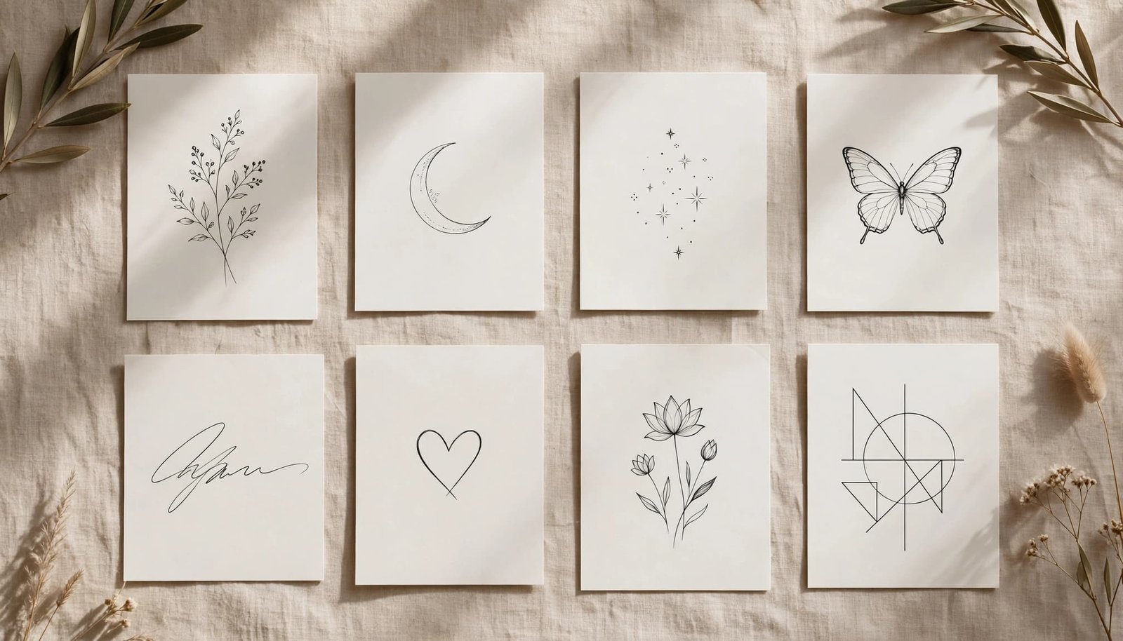 Minimalist tattoo ideas arranged on design cards against a warm neutral background.