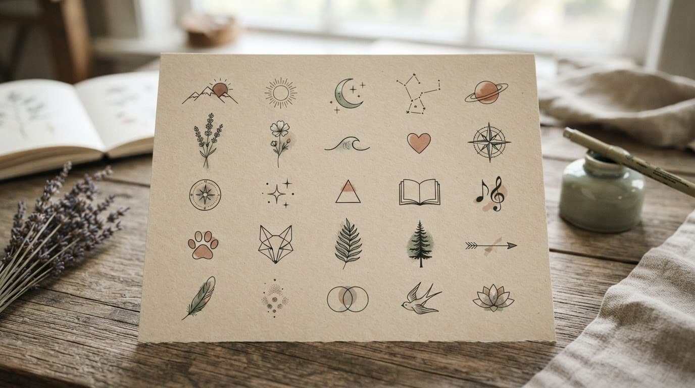Fine-line tattoo ideas arranged on a warm neutral board with muted color accents.