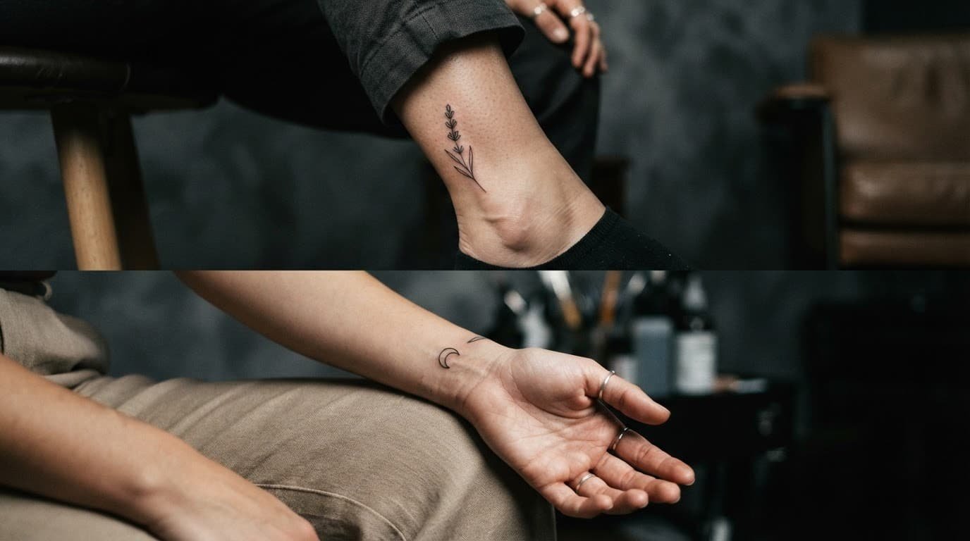 Fine-line botanical ankle tattoo and subtle inner wrist symbol on one person.