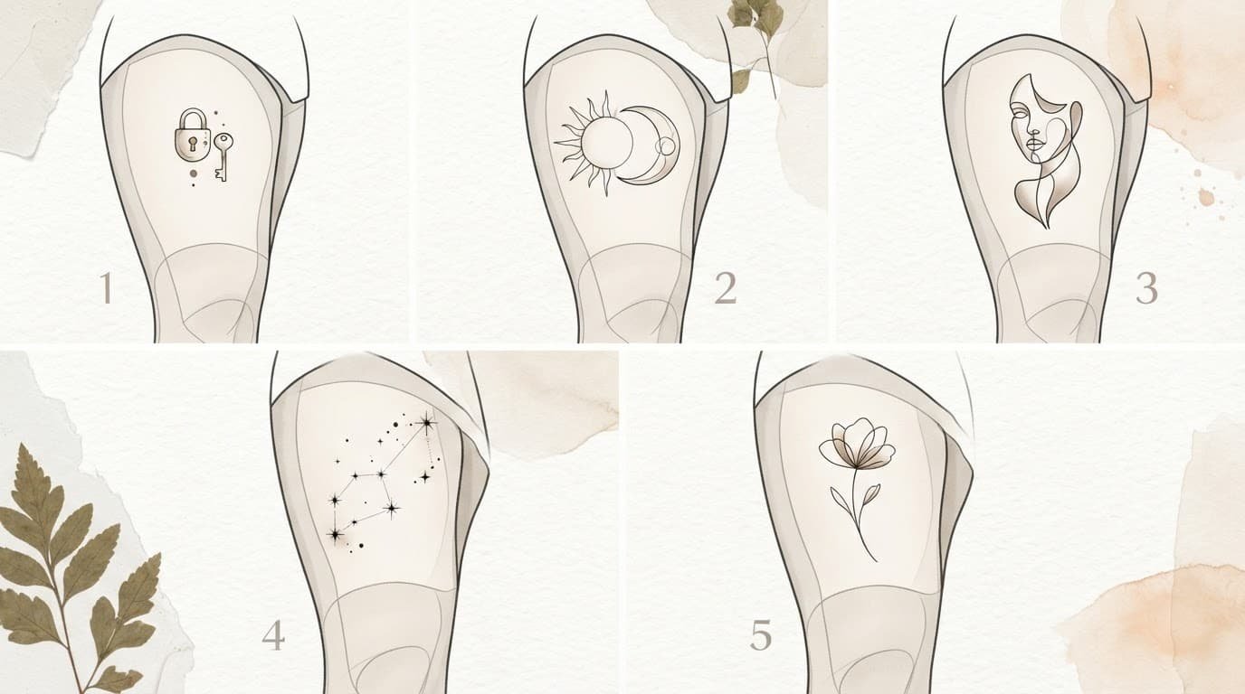 Five minimalist tattoo designs are arranged on an illustrated female thigh silhouette.