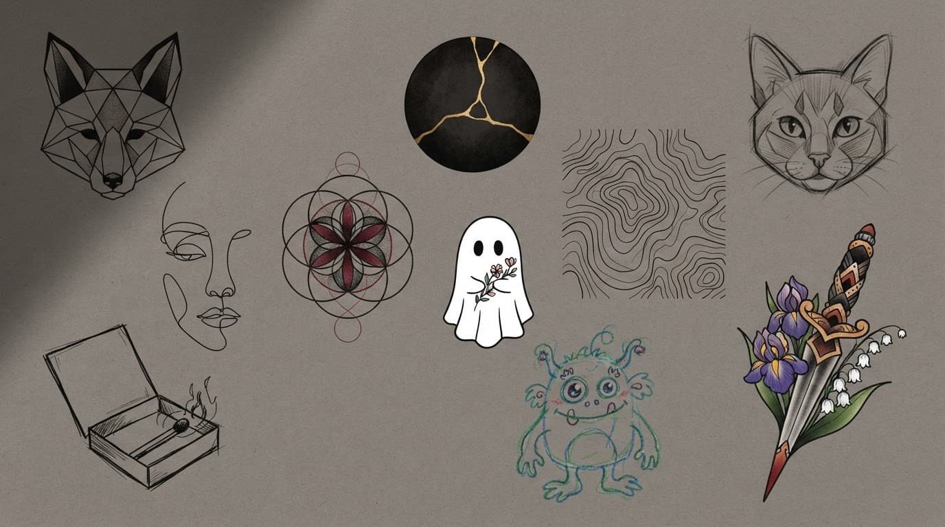 Ten colorful tattoo designs arranged on a charcoal flash board.