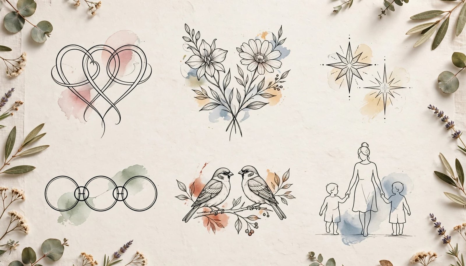 Tattoo concepts for a mother of two arranged on a neutral background.