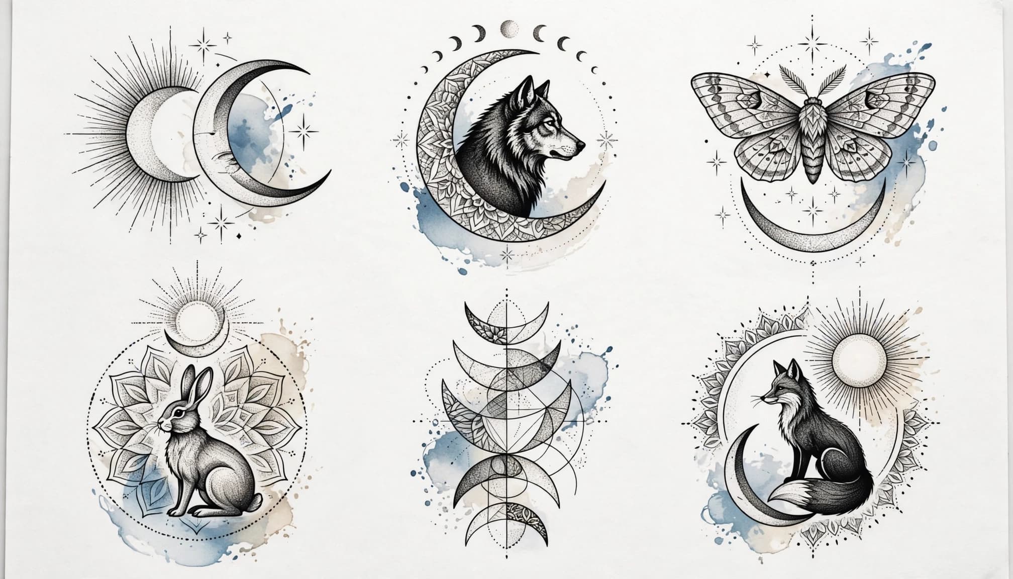 Moon tattoo designs with animals, mandalas, sun motifs, and blue watercolor accents.