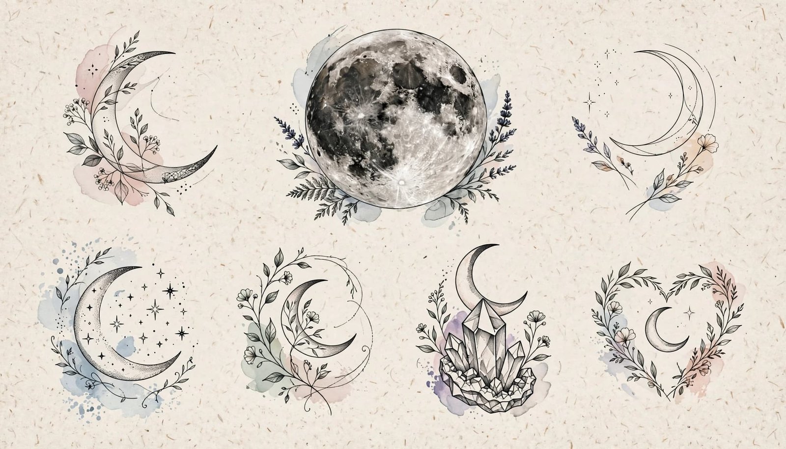 Moon tattoo designs with crescents, stars, vines, crystals, hearts, and botanical details.