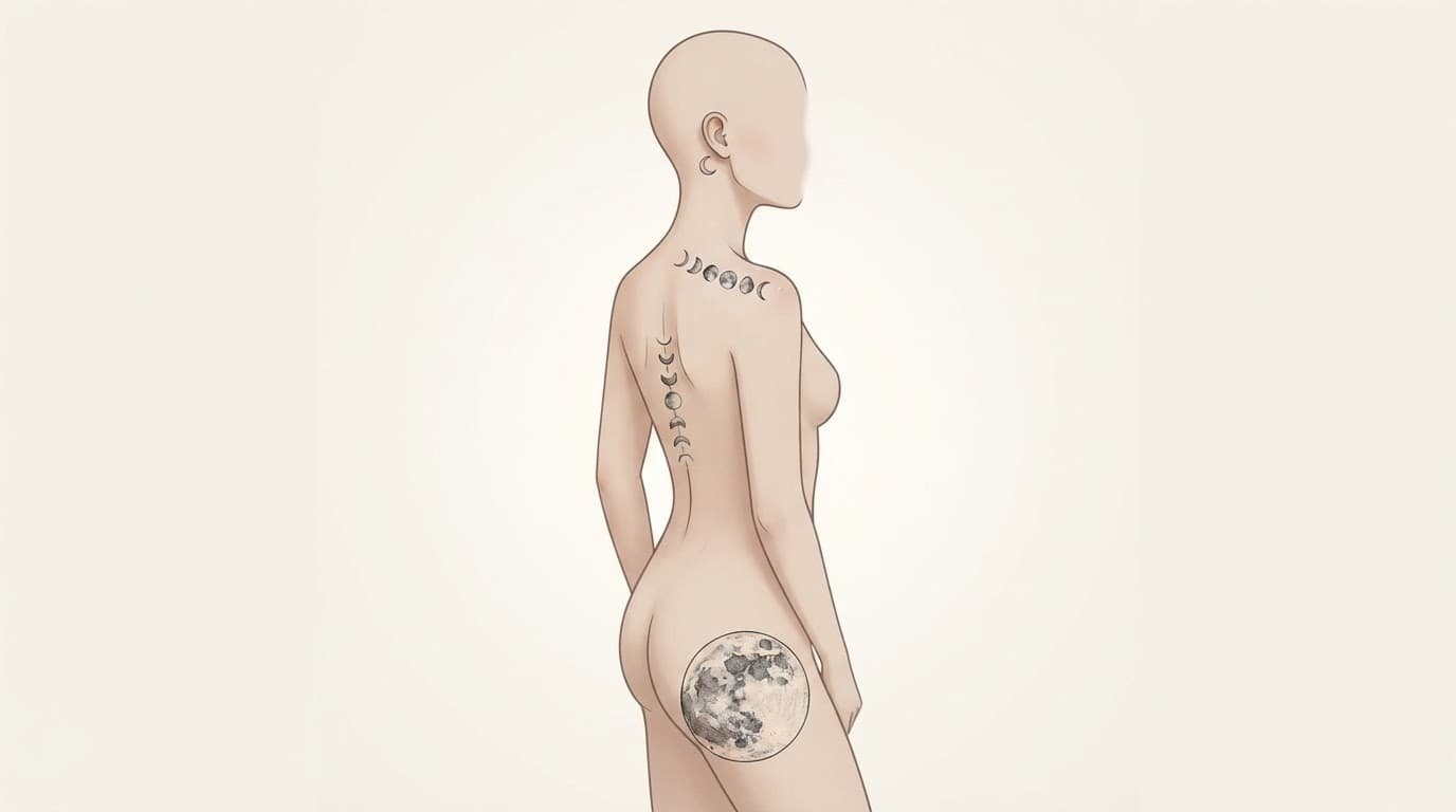 Silhouette showing moon tattoos behind the ear, along the collarbone, spine, and thigh.