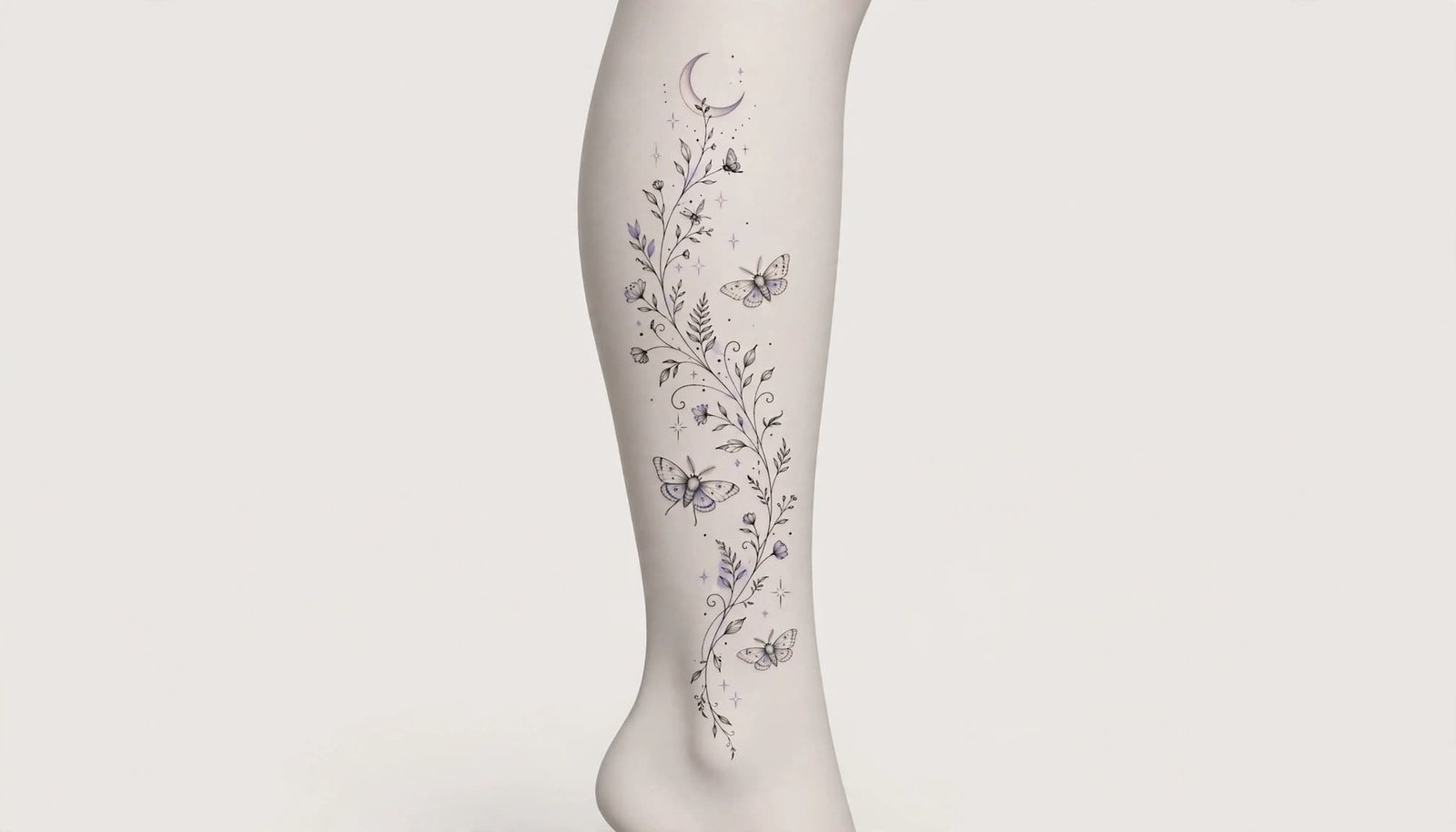 A delicate vine tattoo with moths and stars follows the outer calf to the ankle.