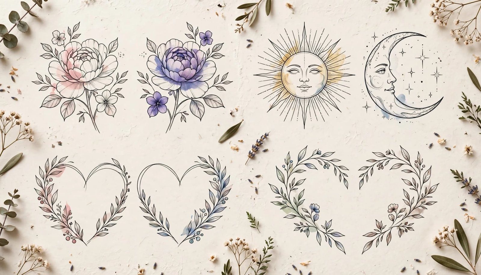 Four delicate mother-daughter tattoo concepts arranged on warm paper.