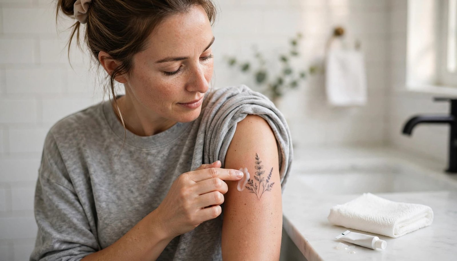 A mother caring for a fresh upper-arm tattoo beside ointment and a folded paper towel.