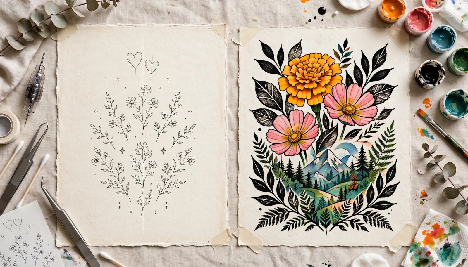 Tattoo concept board comparing delicate floral designs with bold colorful nature-inspired artwork.
