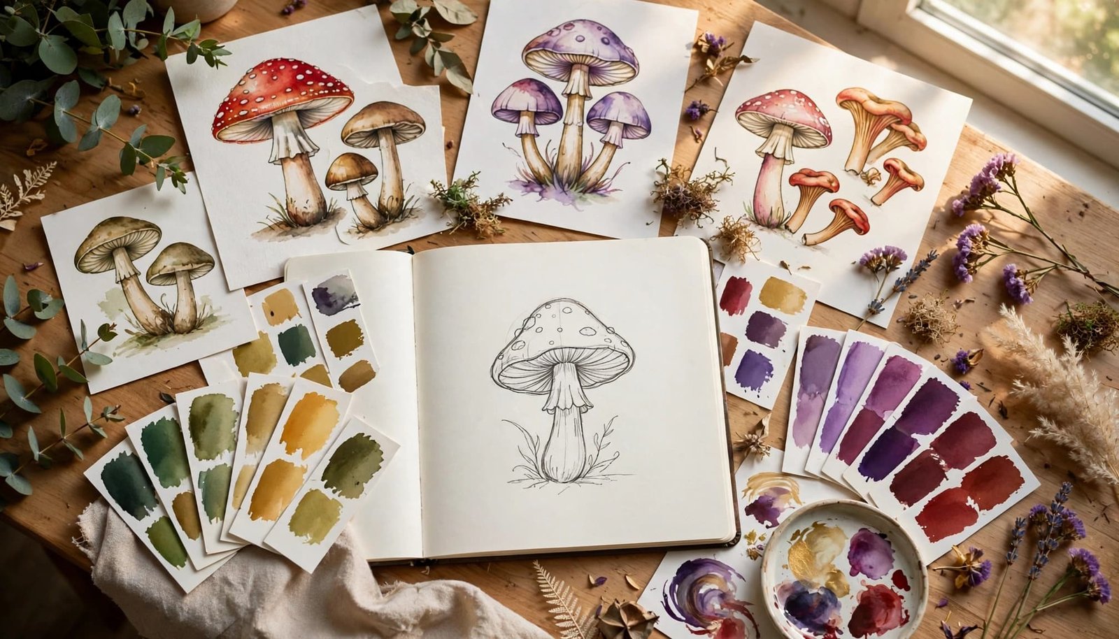Mushroom tattoo references and color swatches surround a blank sketchbook on a studio table.