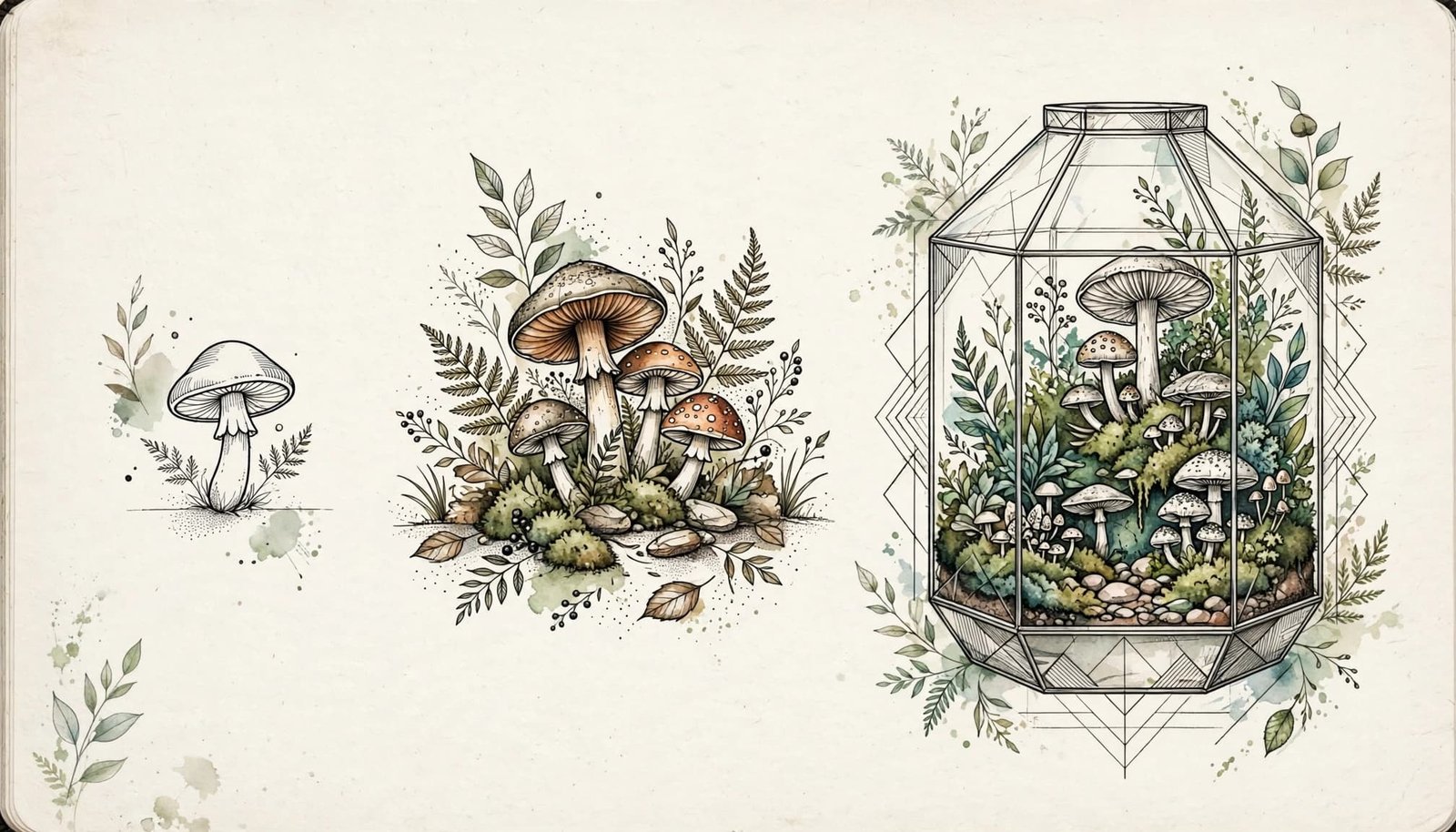 Three mushroom tattoo designs show different sizes, details, and artistic styles.