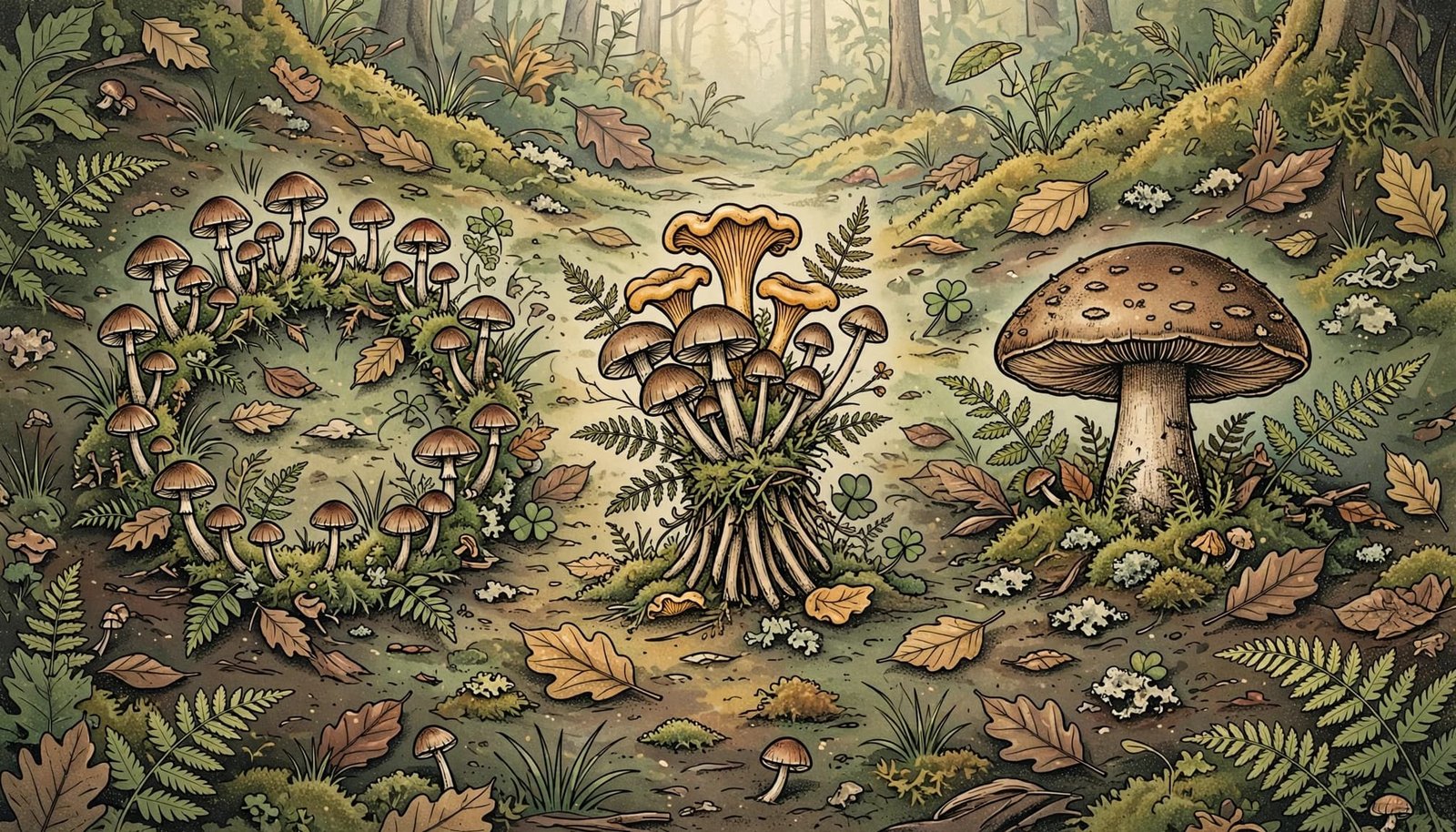 Three mushroom motifs arranged across a mossy woodland floor with ferns and soft morning light.
