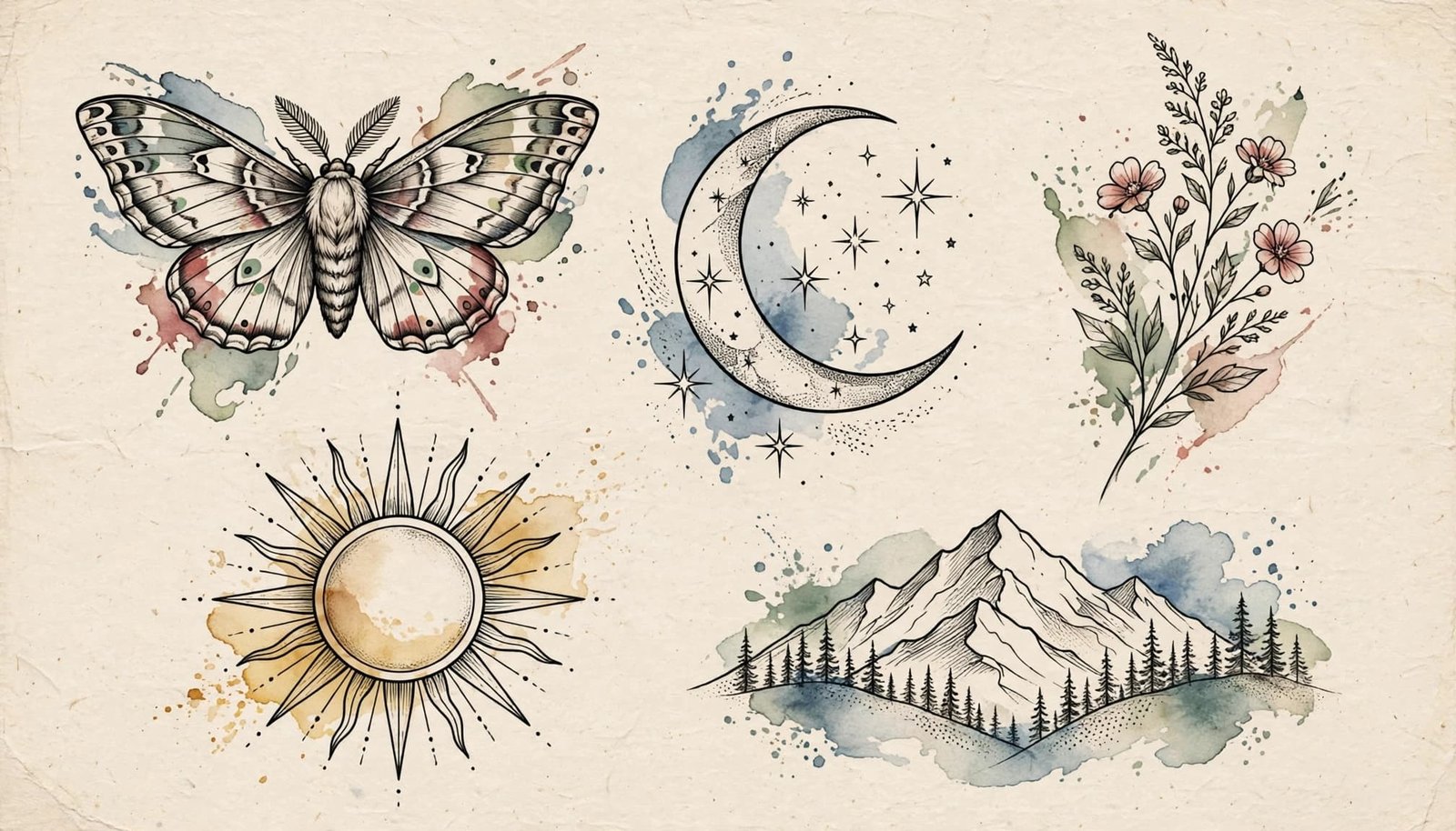 Five nature and celestial tattoo motifs arranged on a warm neutral background.