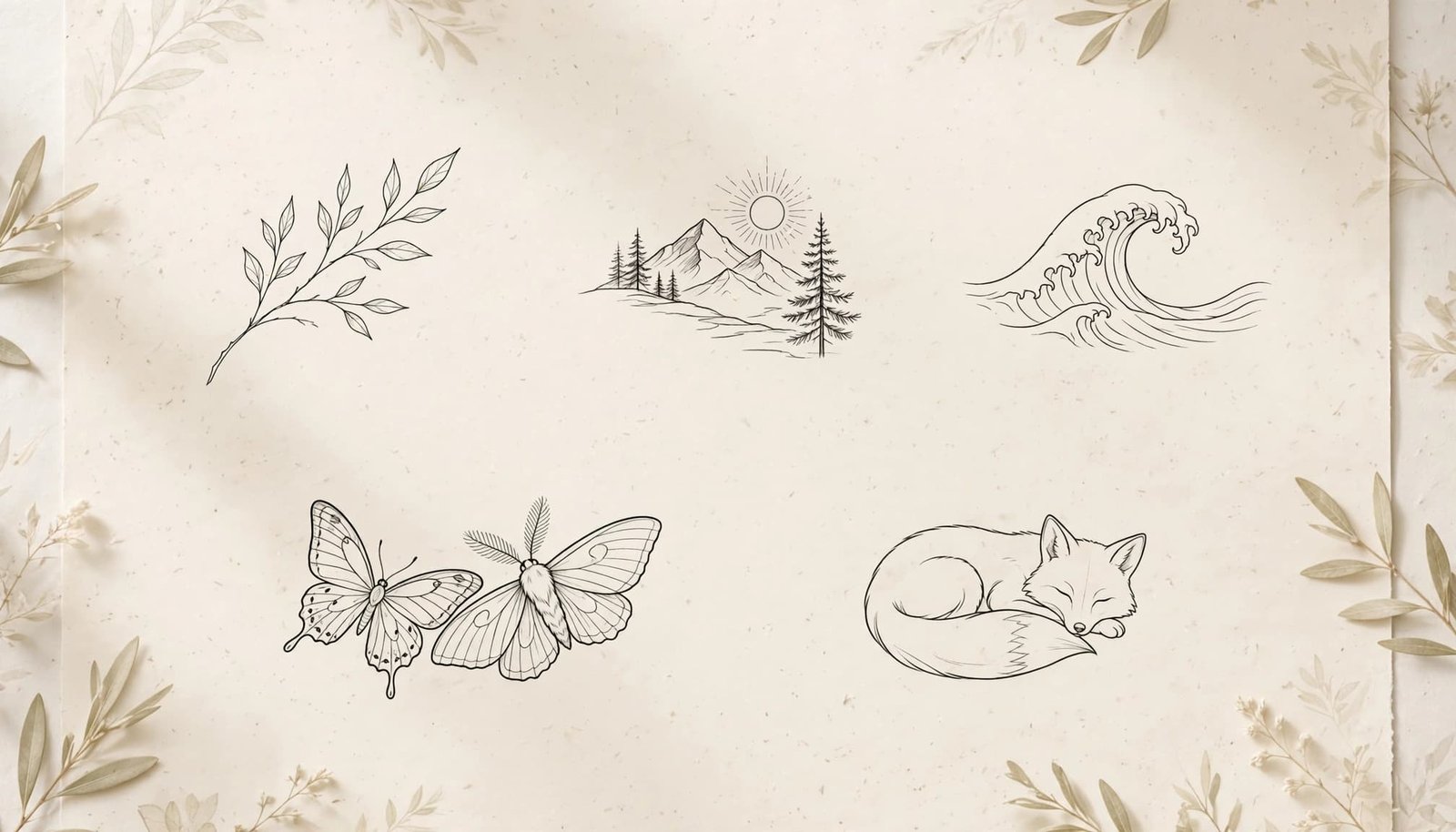 Five delicate nature-themed tattoo sketches arranged on a cream artist sheet.