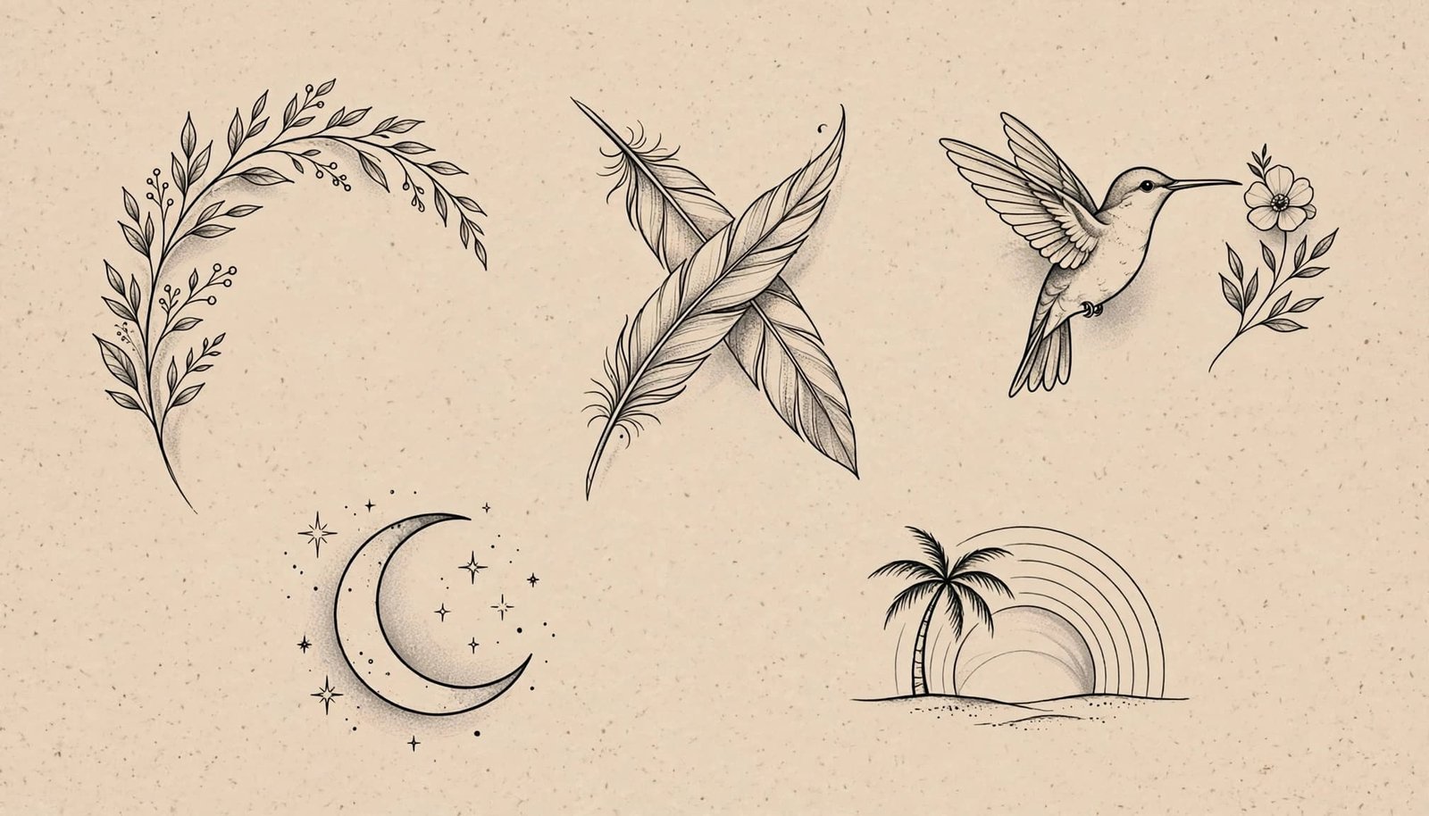 Five delicate nature-themed tattoo designs arranged on a warm neutral background.