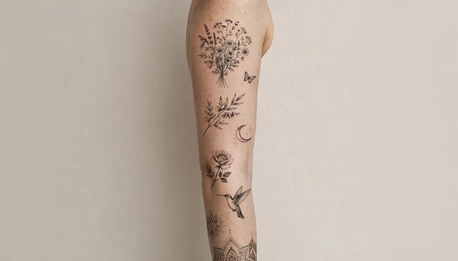 A tattooed female arm with flowers, a butterfly, moon, rose, and geometric designs.