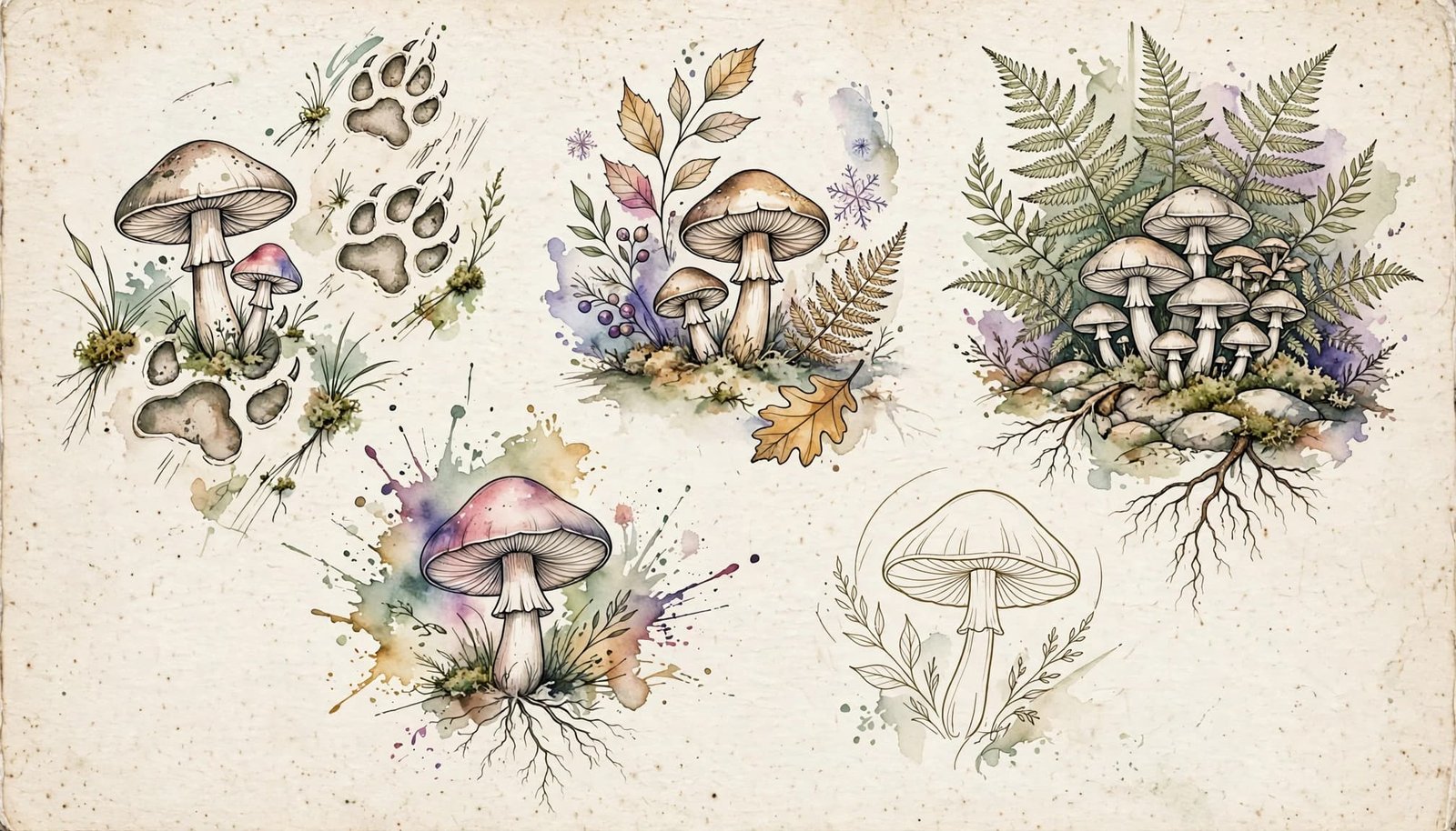 Five mushroom tattoo designs arranged on a woodland sketchbook page.