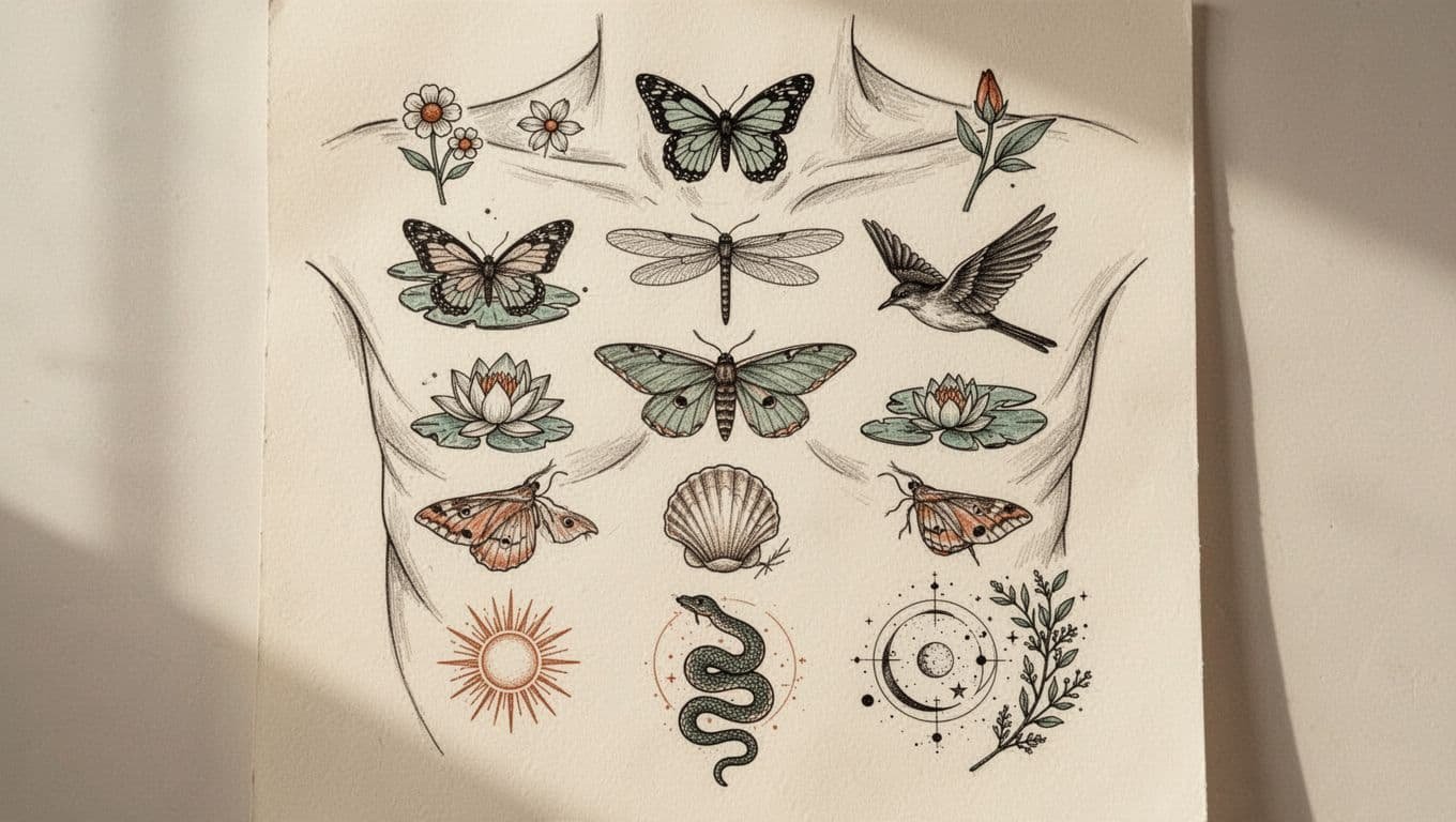 Ten delicate nature-inspired tattoo designs arranged on warm ivory paper.