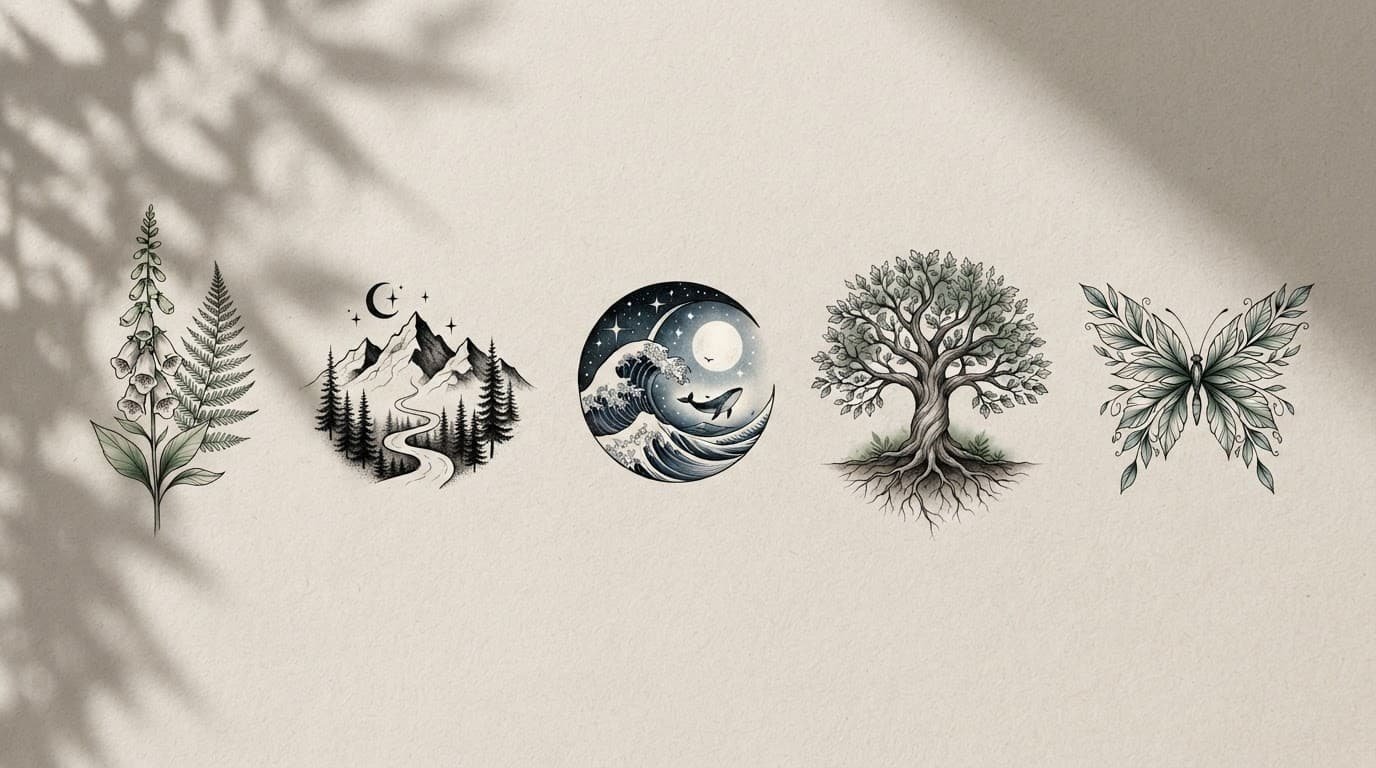 Five nature tattoo designs arranged across warm paper with soft botanical shadows.
