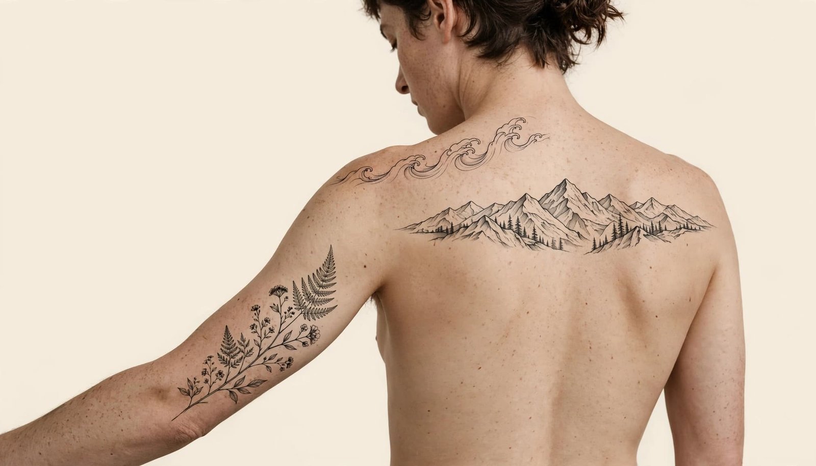 A torso shows wave, mountain, and botanical tattoos in different placements.
