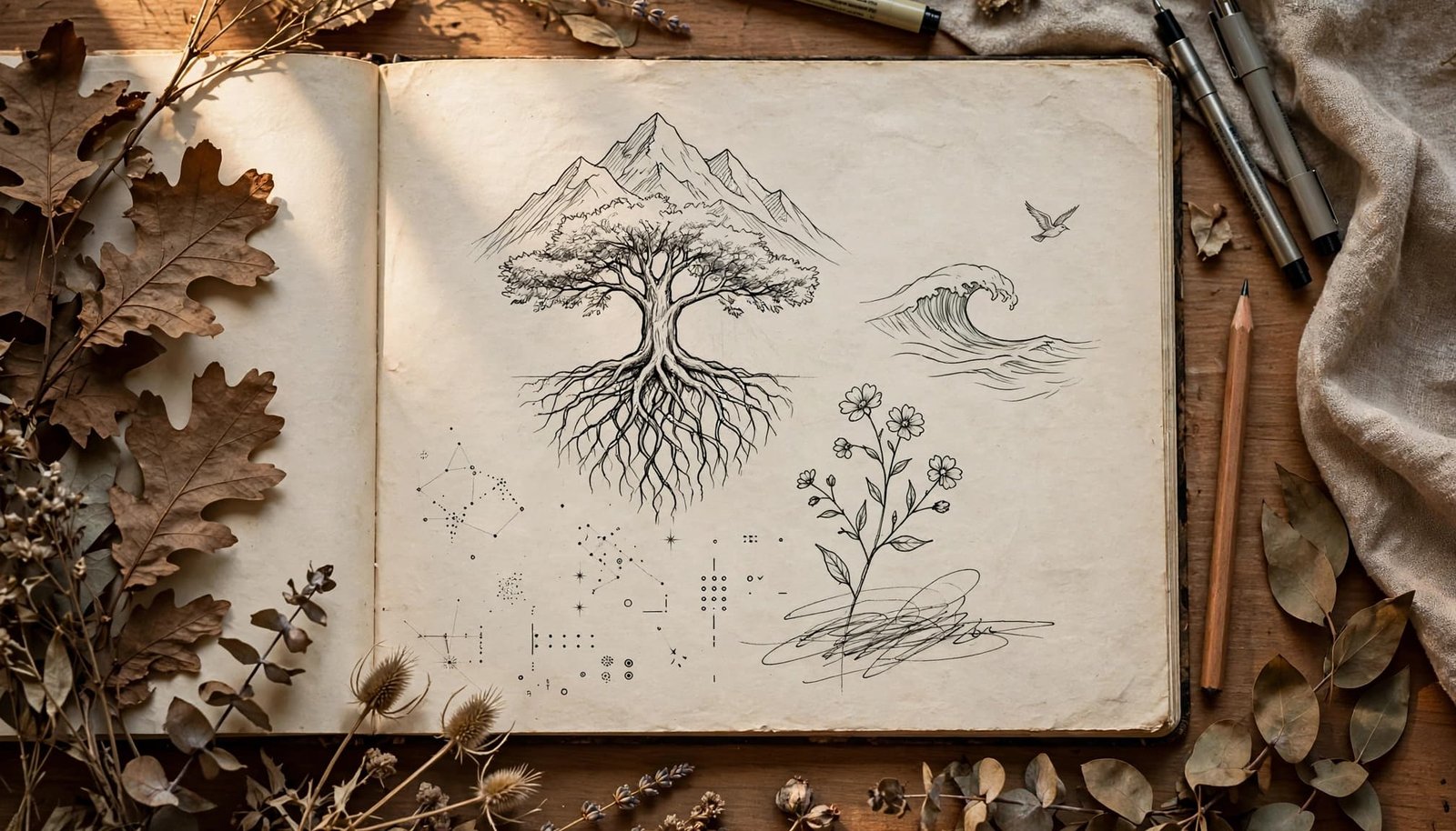 A sketchbook displays nature tattoo ideas beside dried leaves and a pencil.