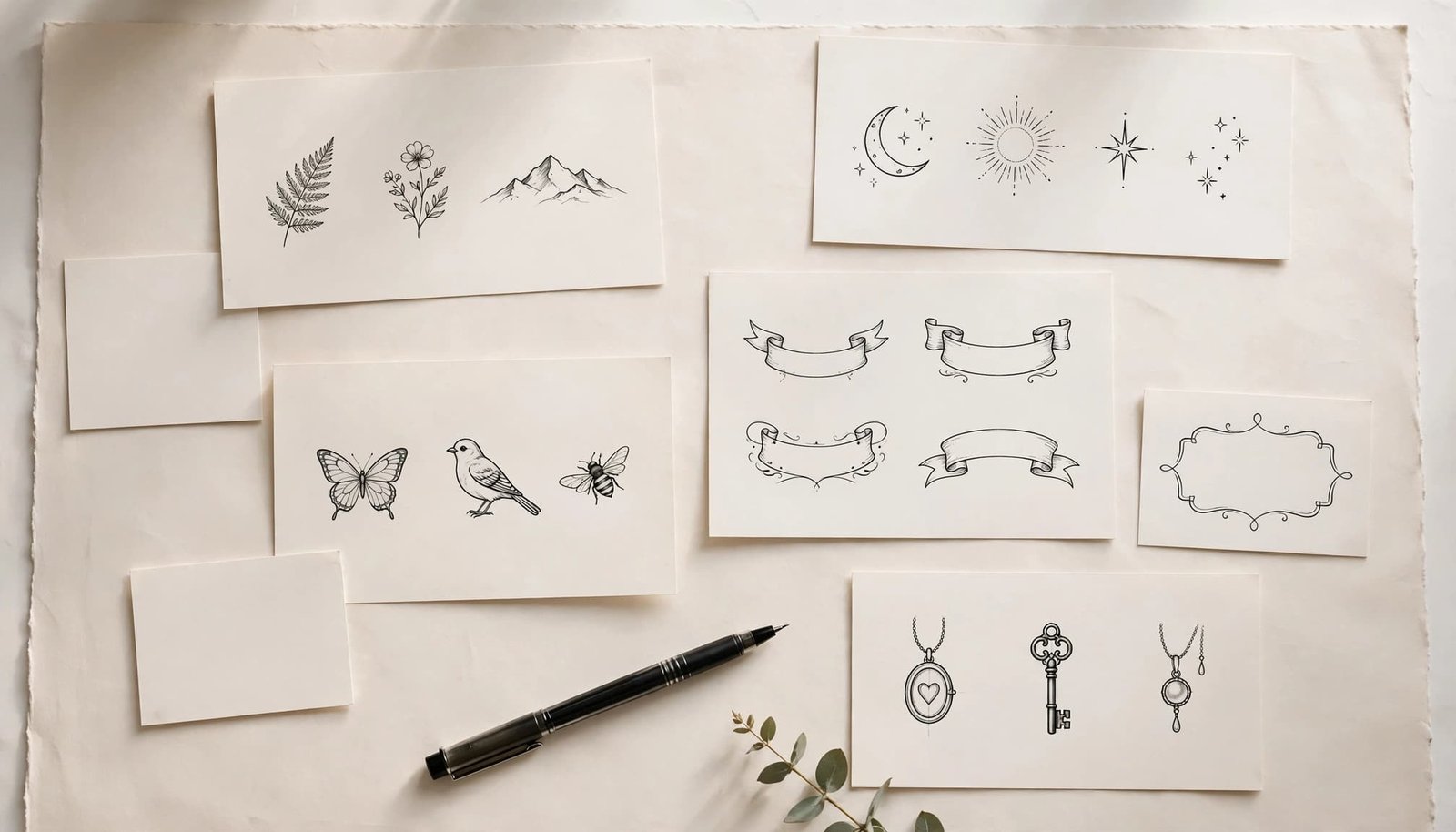 Tiny nature-inspired tattoo sketches arranged on paper beside a black pen and botanical sprig.