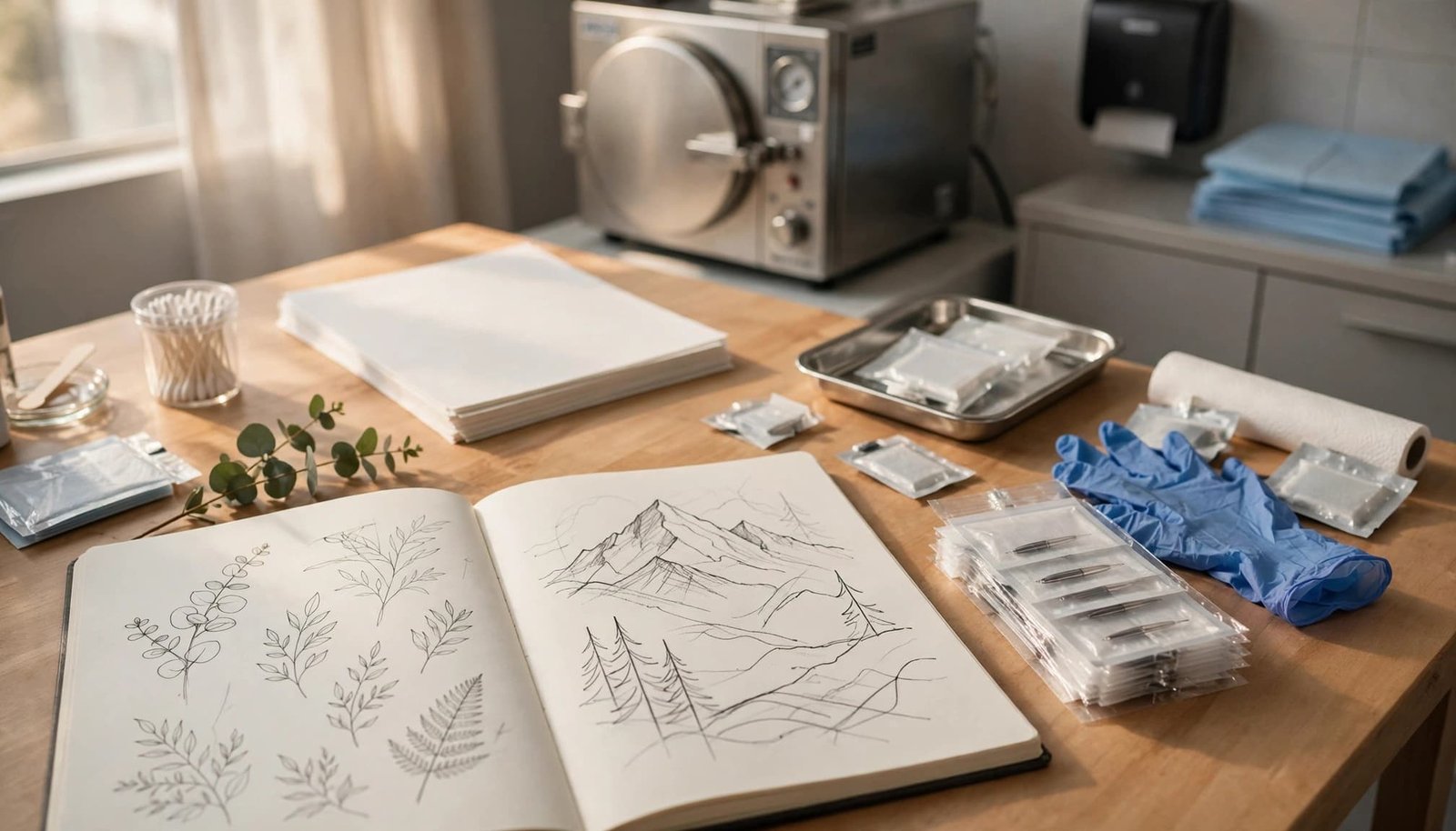 A tattoo studio table with nature sketches, notes, gloves, sealed needles, and an autoclave.