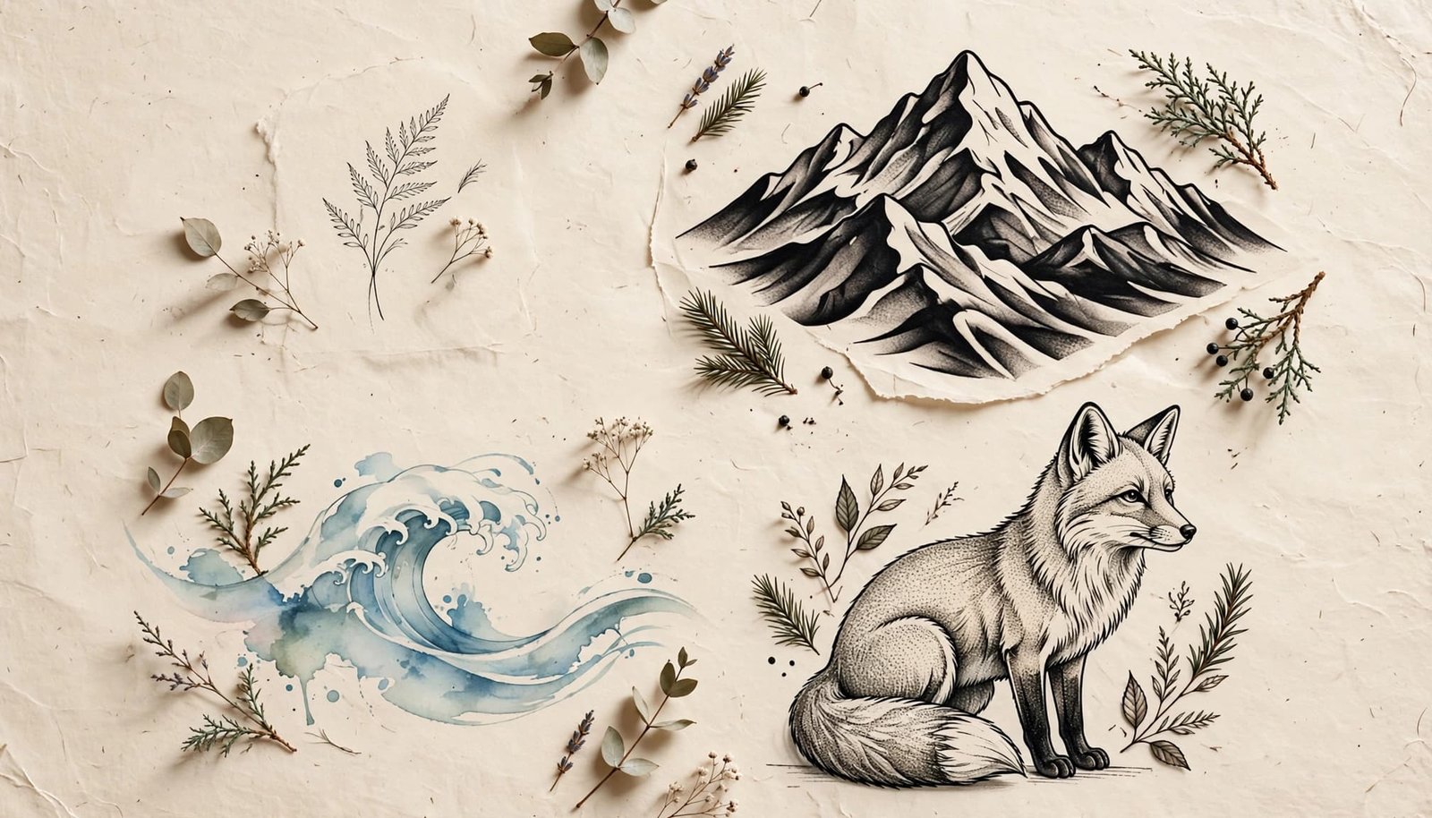 Four nature tattoo designs arranged on cream paper with botanical accents.