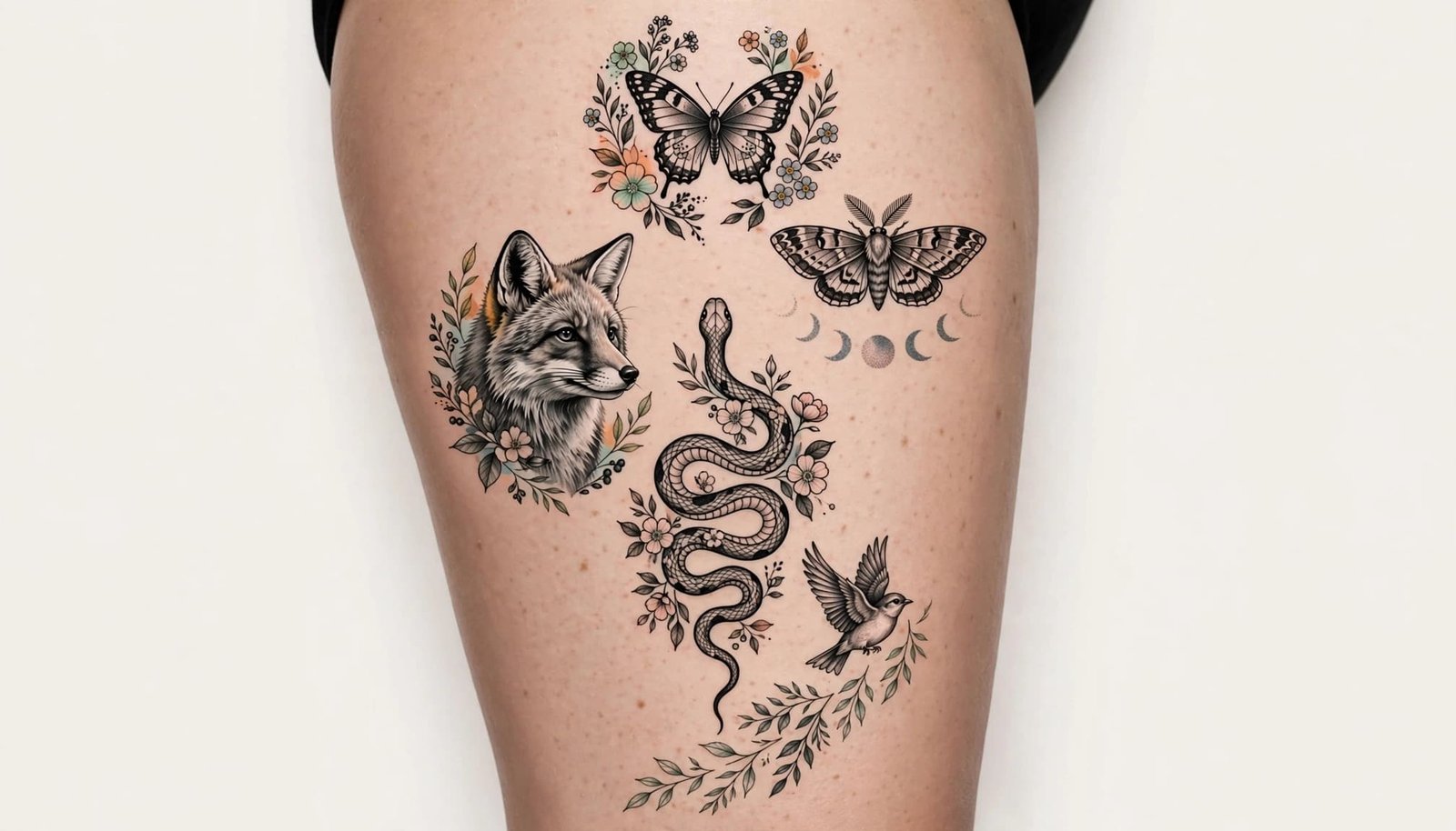 A tattooed thigh with a butterfly, snake, moth, bird, flowers, and fox design.