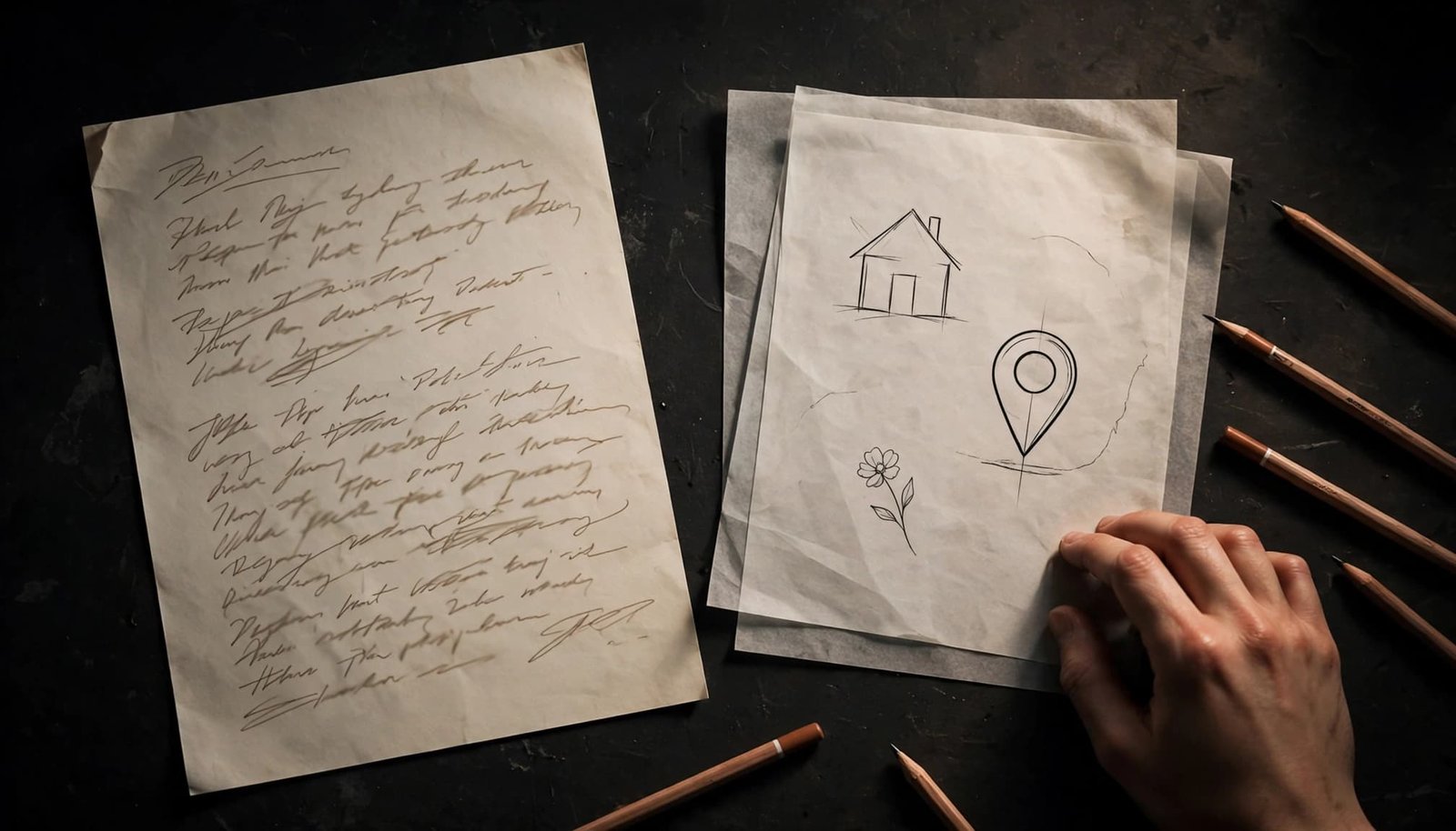 A memory sheet beside a simple tattoo sketch and one hand on a studio table.