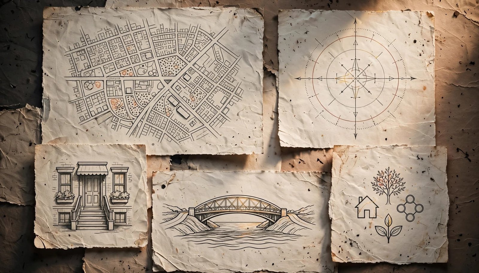 Editorial collage of a street map, bridge, stoop, and community symbols on textured paper.