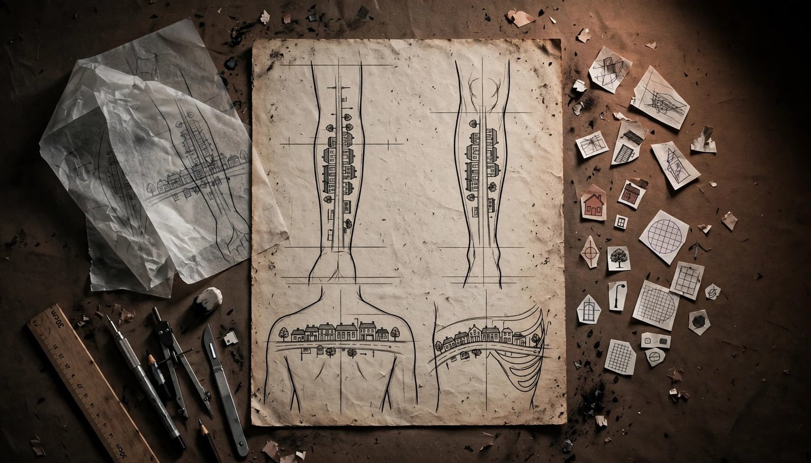 A body placement sheet compares neighborhood tattoo shapes beside tracing tools and small design stencils.