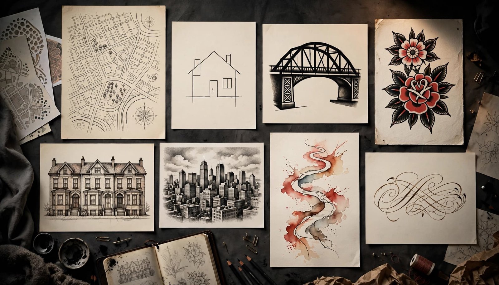 Eight neighborhood-inspired tattoo designs displayed on sketches across a studio table.