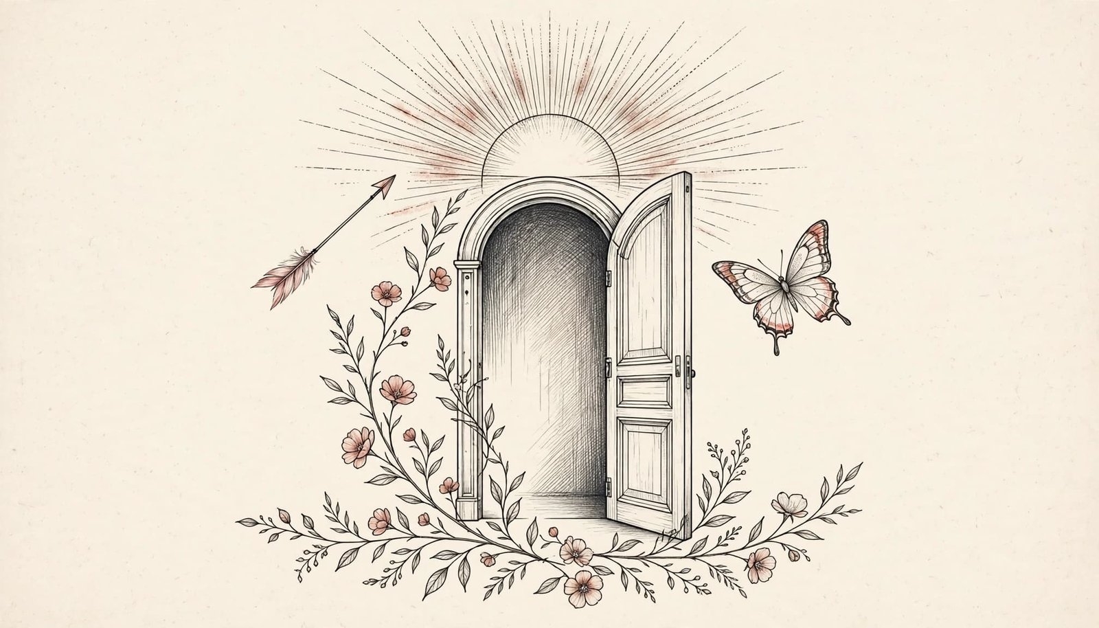 Fine-line tattoo design with a sunrise, doorway, arrow, butterfly, and flowering stem.