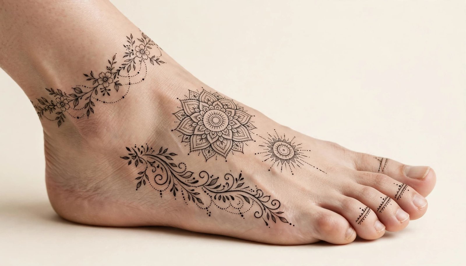 Single relaxed foot with fine-line floral, mandala, and geometric tattoo details.
