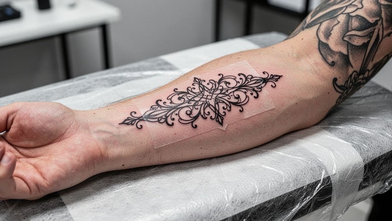 One forearm with an ornamental tattoo stencil resting on a protective studio surface.