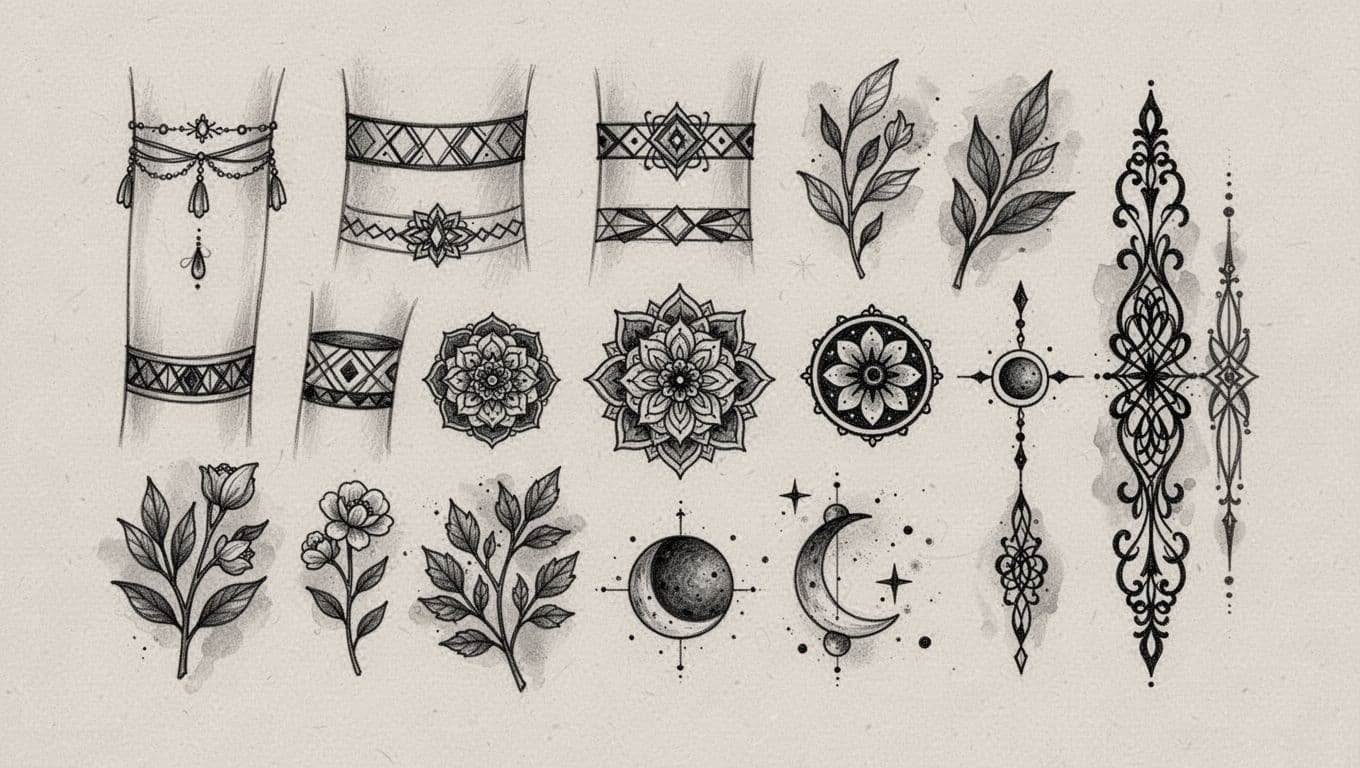 Ornamental tattoo designs arranged on neutral paper in black ink and gray wash.