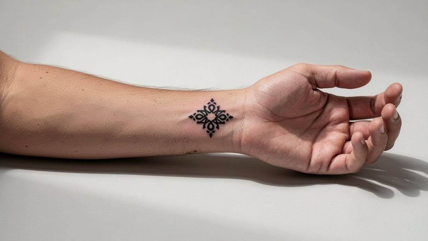 A forearm with a small geometric tattoo stencil aligned along its curve.