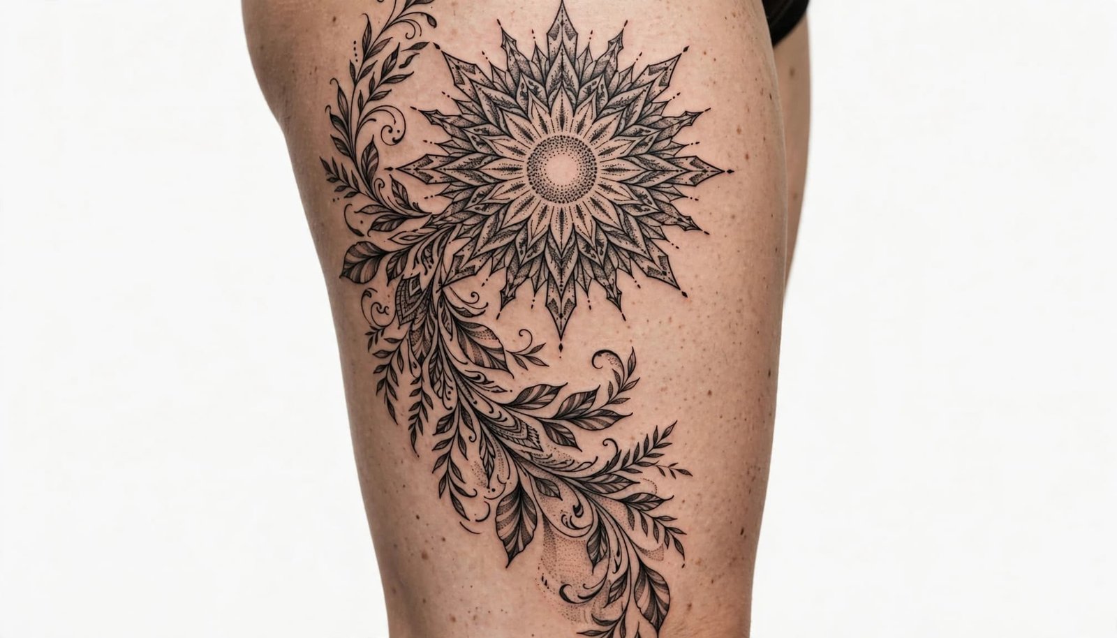 A large black-and-gray sunburst tattoo curves along a woman's outer thigh.